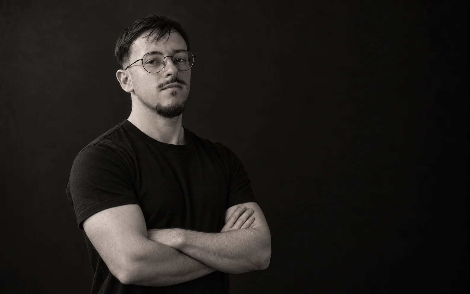 Retrato de Leonardo Balbino em preto e branco, com iluminação lateral e fundo carvão